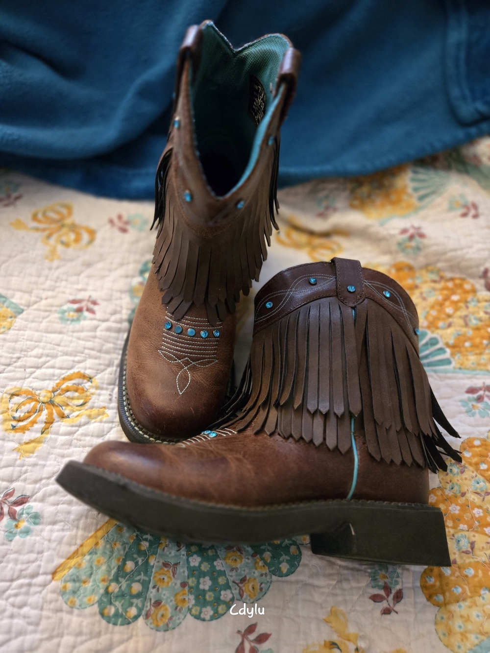Justin Fringed Brown Western Ankle Boots with Blue Crystal Accents